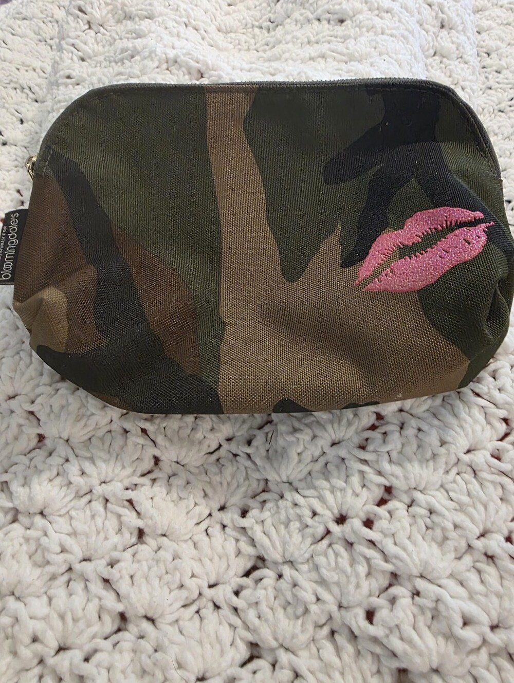 Bloomingdale's Camouflage Cosmetic Pouch with Pink Lip Embroidery